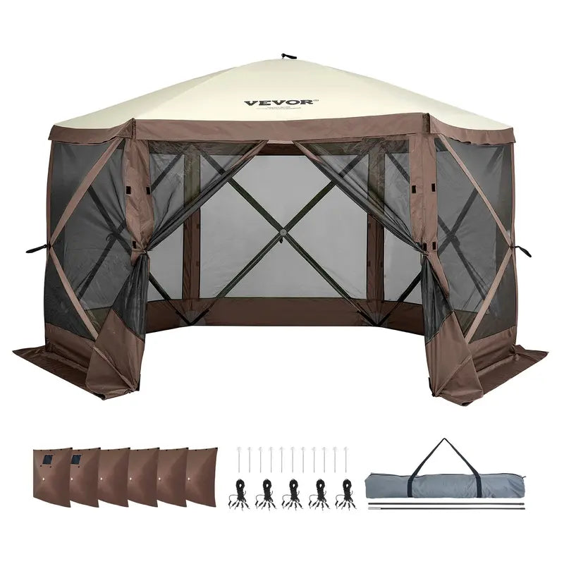 12x12ft 6-Sided Pop-Up Sunshade Canopy Tent, Camping Gazebo Screen Tent with Mesh Windows, Portable Carry Bag & Stakes, Camping Equipment for Outdoor Lawn & Backyard, Brown/Beige