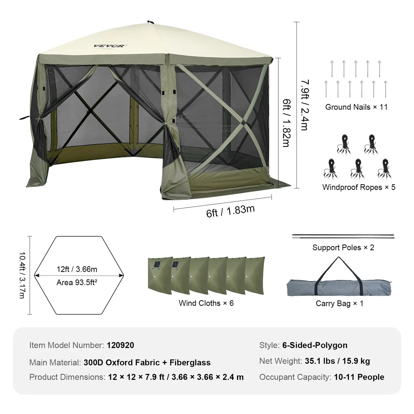 12x12ft 6-Sided Pop-Up Sunshade Canopy Tent, Camping Gazebo Screen Tent with Mesh Windows, Portable Carry Bag & Stakes, Camping Equipment for Outdoor Lawn & Backyard, Brown/Beige
