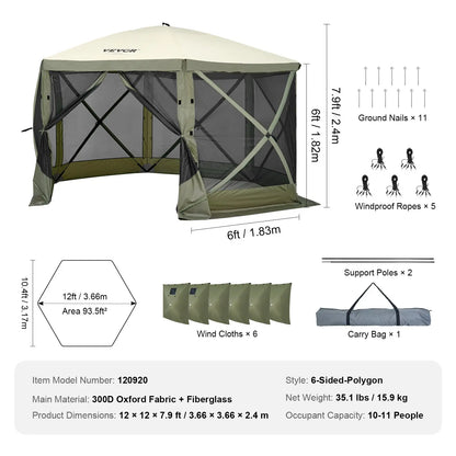 12x12ft 6-Sided Pop-Up Sunshade Canopy Tent, Camping Gazebo Screen Tent with Mesh Windows, Portable Carry Bag & Stakes, Camping Equipment for Outdoor Lawn & Backyard, Brown/Beige