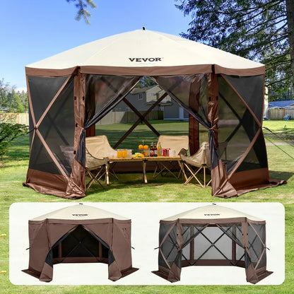 12x12ft 6-Sided Pop-Up Sunshade Canopy Tent, Camping Gazebo Screen Tent with Mesh Windows, Portable Carry Bag & Stakes, Camping Equipment for Outdoor Lawn & Backyard, Brown/Beige
