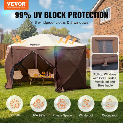 12x12ft 6-Sided Pop-Up Sunshade Canopy Tent, Camping Gazebo Screen Tent with Mesh Windows, Portable Carry Bag & Stakes, Camping Equipment for Outdoor Lawn & Backyard, Brown/Beige