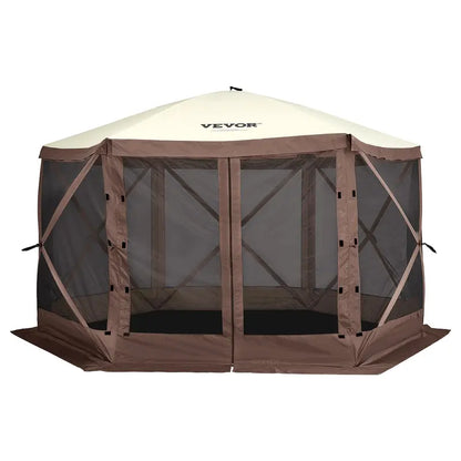 12x12ft 6-Sided Pop-Up Sunshade Canopy Tent, Camping Gazebo Screen Tent with Mesh Windows, Portable Carry Bag & Stakes, Camping Equipment for Outdoor Lawn & Backyard, Brown/Beige
