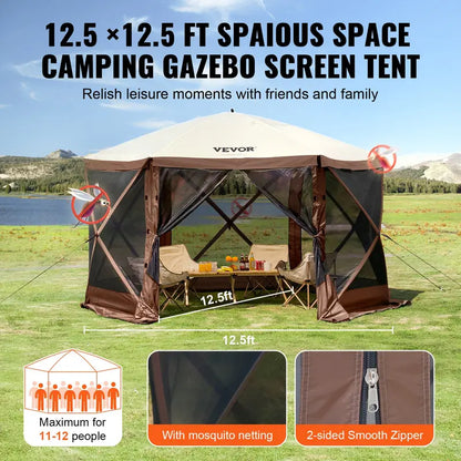 12x12ft 6-Sided Pop-Up Sunshade Canopy Tent, Camping Gazebo Screen Tent with Mesh Windows, Portable Carry Bag & Stakes, Camping Equipment for Outdoor Lawn & Backyard, Brown/Beige