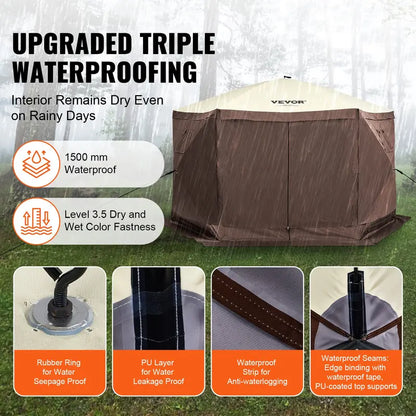 12x12ft 6-Sided Pop-Up Sunshade Canopy Tent, Camping Gazebo Screen Tent with Mesh Windows, Portable Carry Bag & Stakes, Camping Equipment for Outdoor Lawn & Backyard, Brown/Beige
