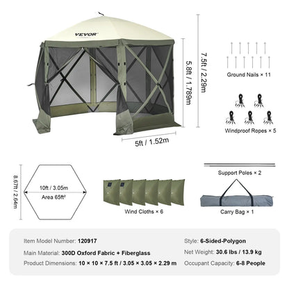 12x12ft 6-Sided Pop-Up Sunshade Canopy Tent, Camping Gazebo Screen Tent with Mesh Windows, Portable Carry Bag & Stakes, Camping Equipment for Outdoor Lawn & Backyard, Brown/Beige