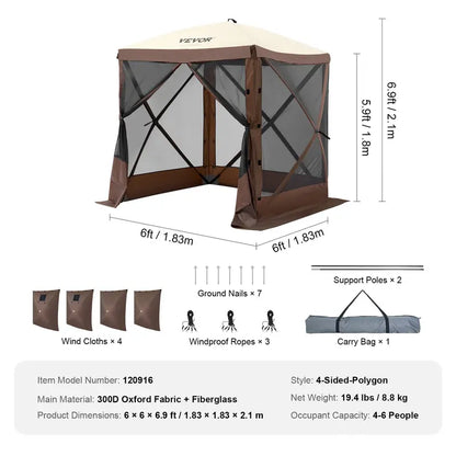 12x12ft 6-Sided Pop-Up Sunshade Canopy Tent, Camping Gazebo Screen Tent with Mesh Windows, Portable Carry Bag & Stakes, Camping Equipment for Outdoor Lawn & Backyard, Brown/Beige