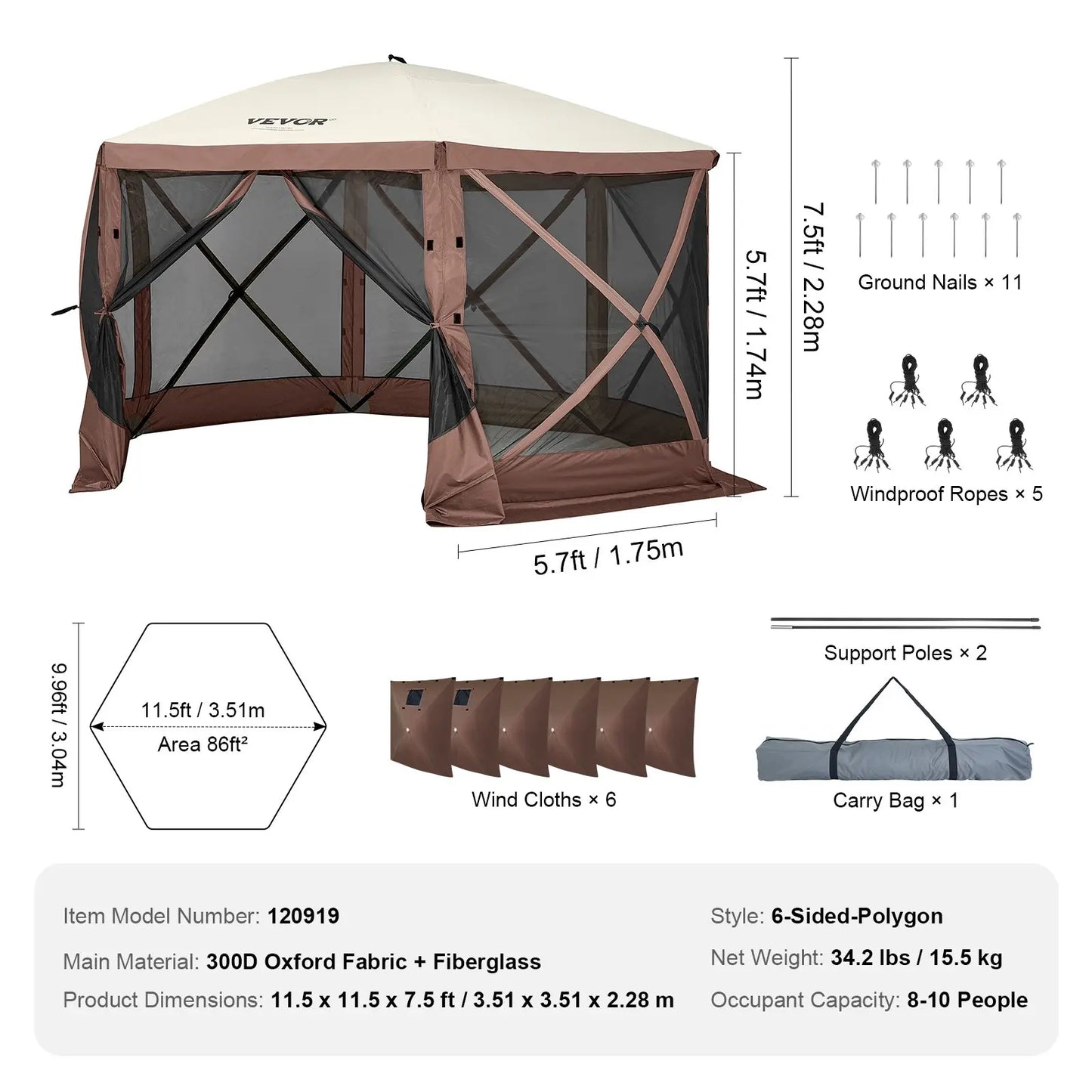 12x12ft 6-Sided Pop-Up Sunshade Canopy Tent, Camping Gazebo Screen Tent with Mesh Windows, Portable Carry Bag & Stakes, Camping Equipment for Outdoor Lawn & Backyard, Brown/Beige