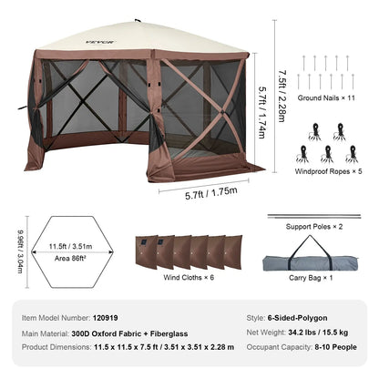 12x12ft 6-Sided Pop-Up Sunshade Canopy Tent, Camping Gazebo Screen Tent with Mesh Windows, Portable Carry Bag & Stakes, Camping Equipment for Outdoor Lawn & Backyard, Brown/Beige