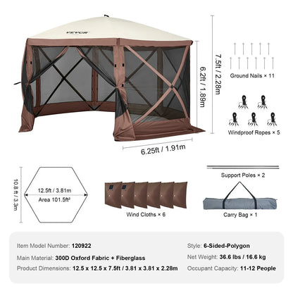 12x12ft 6-Sided Pop-Up Sunshade Canopy Tent, Camping Gazebo Screen Tent with Mesh Windows, Portable Carry Bag & Stakes, Camping Equipment for Outdoor Lawn & Backyard, Brown/Beige