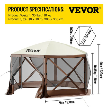 12x12ft 6-Sided Pop-Up Sunshade Canopy Tent, Camping Gazebo Screen Tent with Mesh Windows, Portable Carry Bag & Stakes, Camping Equipment for Outdoor Lawn & Backyard, Brown/Beige