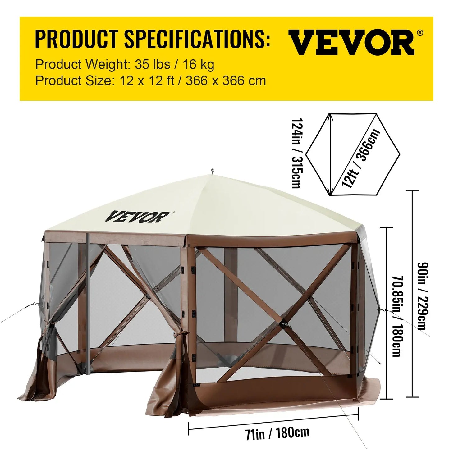 12x12ft 6-Sided Pop-Up Sunshade Canopy Tent, Camping Gazebo Screen Tent with Mesh Windows, Portable Carry Bag & Stakes, Camping Equipment for Outdoor Lawn & Backyard, Brown/Beige